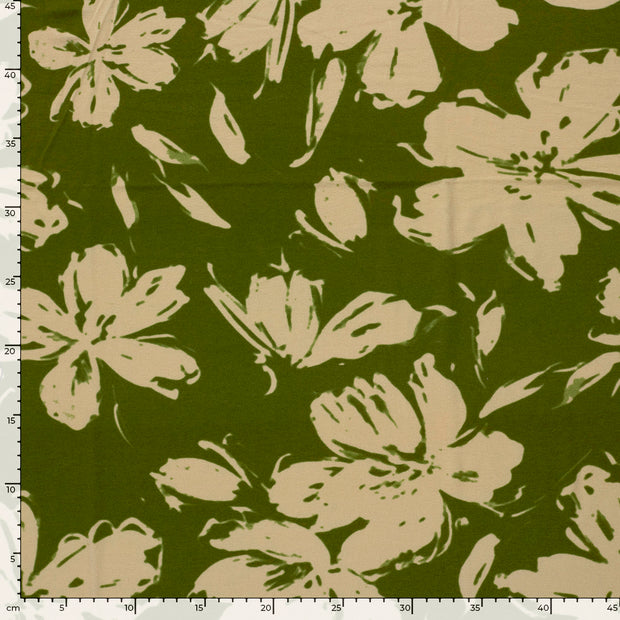 Viscose Vortex Jersey fabric Flowers Khaki Green