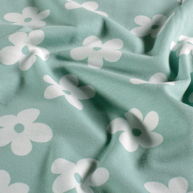 Jersey tissu fleurs Bleu bébé