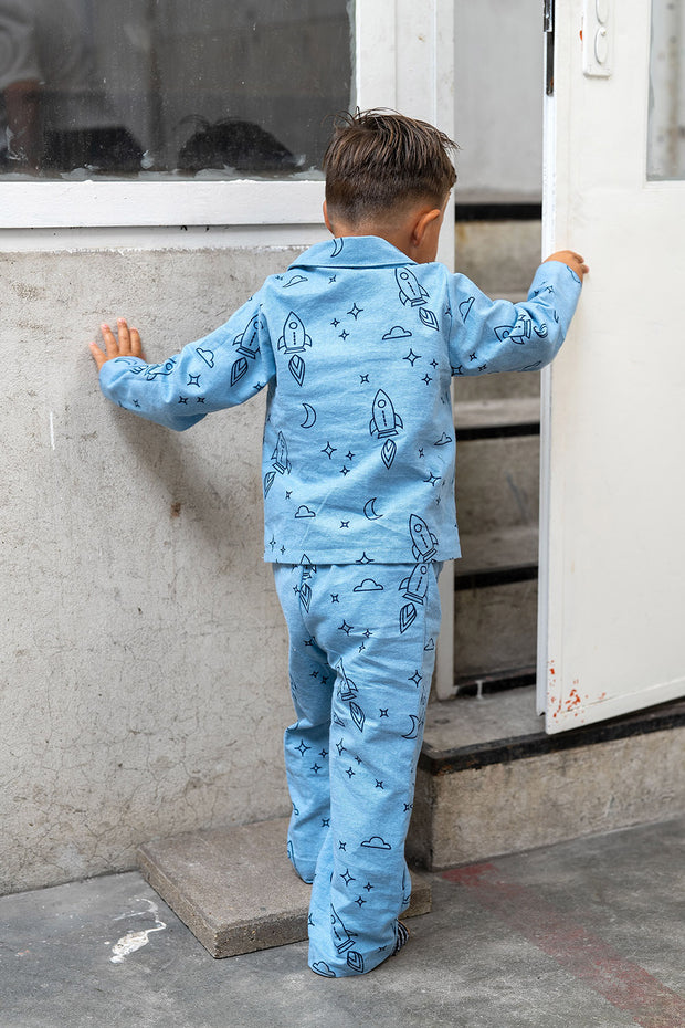 Flannel fabric Rockets Baby Blue