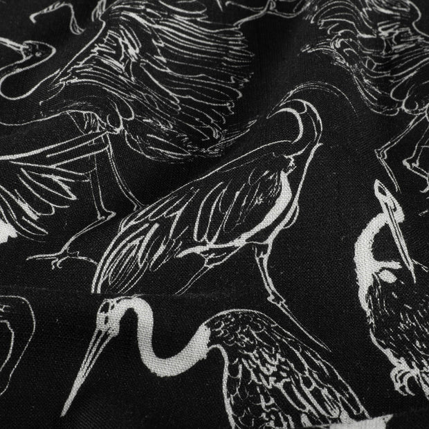 Woven Viscose Linen fabric Birds Black