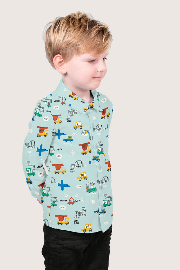 Cotton Poplin fabric Vehicles Baby Blue