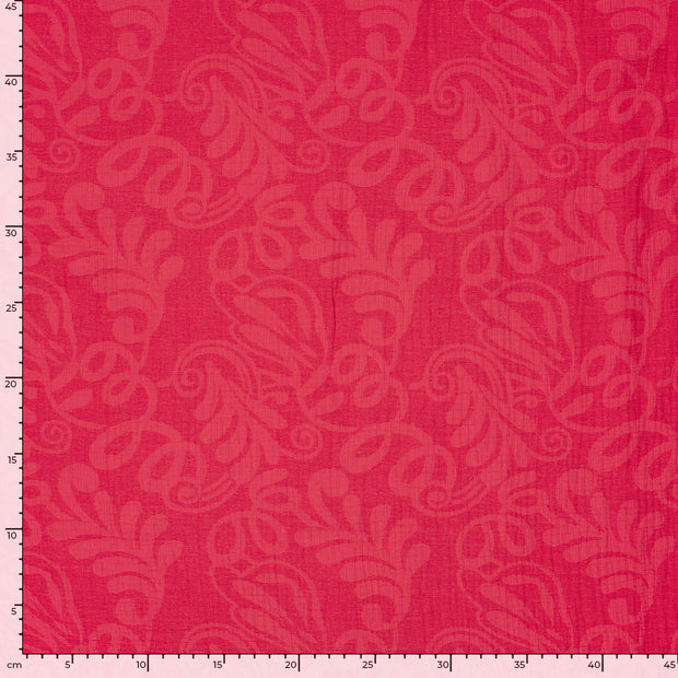 Woven Cotton Linen fabric Leaves Dark Red