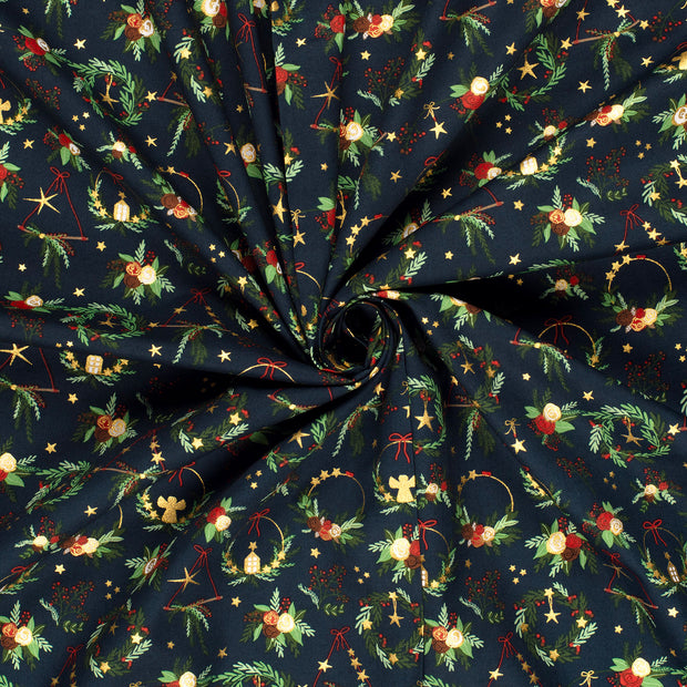 Cotton Poplin fabric Navy printed and foil 