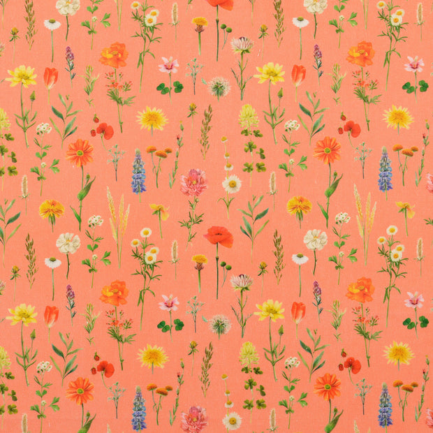 Cretonne fabric Flowers Coral