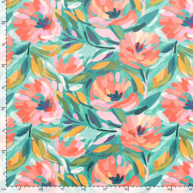 Velvet fabric Flowers Petrol