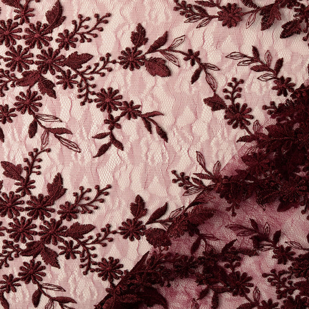 Lace fabric Wine red embroidered with border 