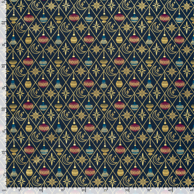 Cotton Poplin fabric Christmas balls Navy