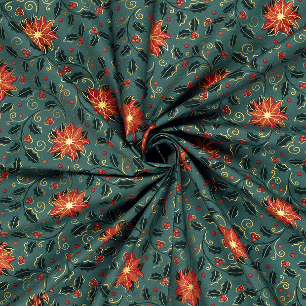 Cotton Poplin fabric Khaki Green printed and foil 