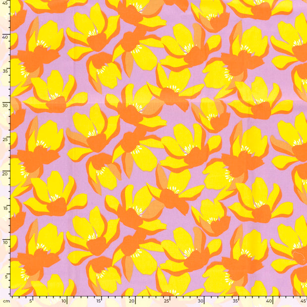 Cotton Satin fabric Flowers Lila