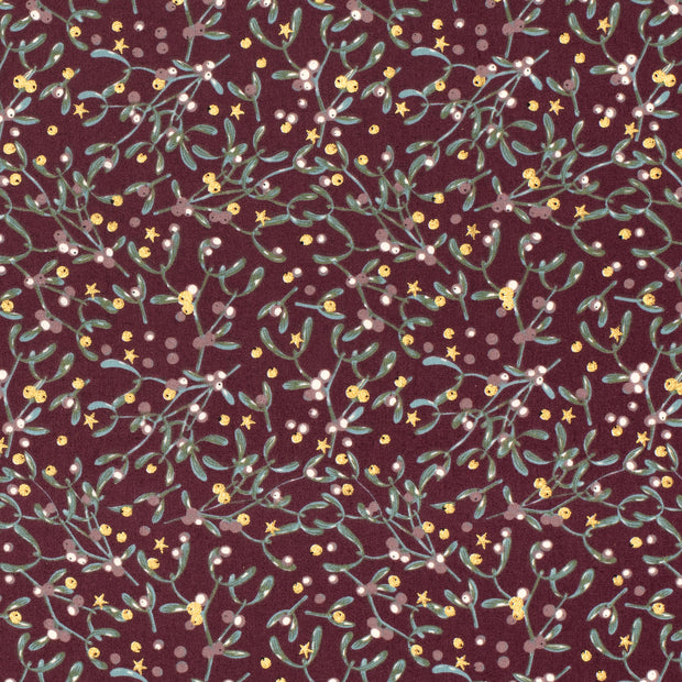 Cotton Poplin fabric Leaves Wine red