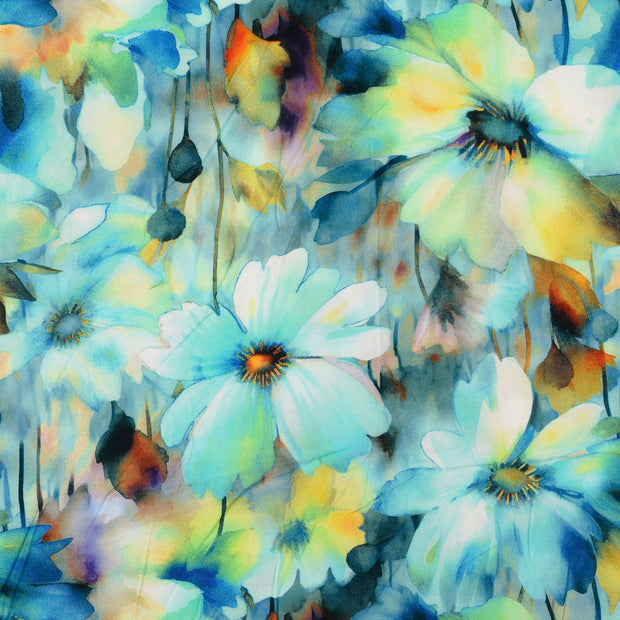 Viscose Poplin fabric Flowers Petrol