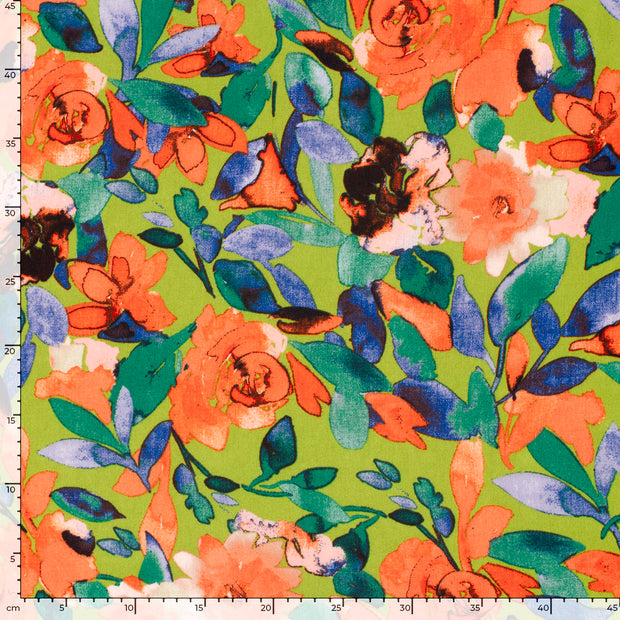 Linen Look fabric Flowers Lime Green
