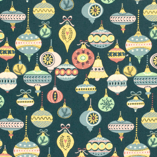 Cotton Poplin fabric Christmas balls Petrol