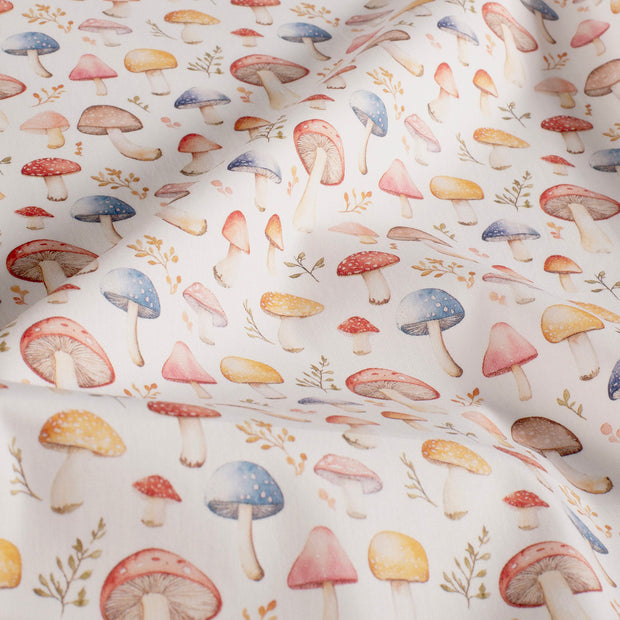 Cotton Poplin fabric Mushrooms White