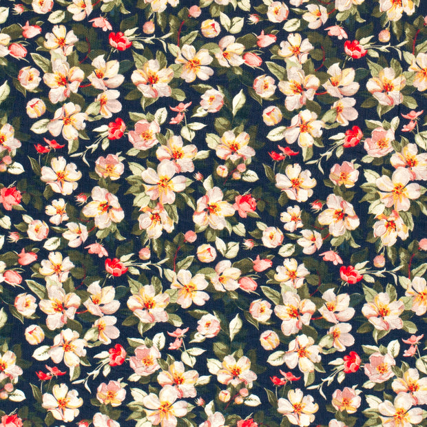 Viscose Nylon Crepe fabric Flowers Navy