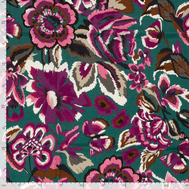 Viscose Nylon Crepe fabric Flowers Turquoise