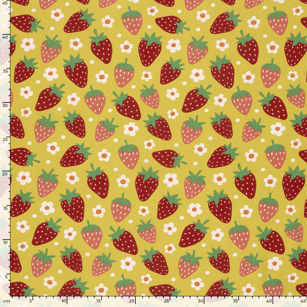 Cotton Poplin fabric Strawberries Oker