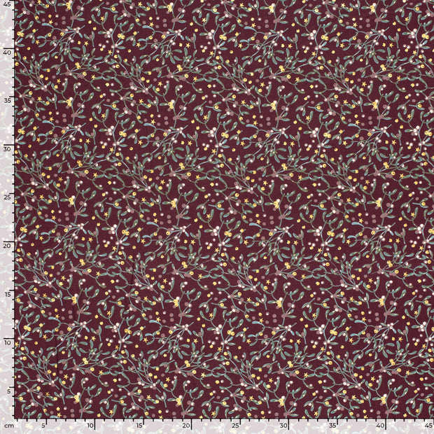 Cotton Poplin fabric Leaves Wine red