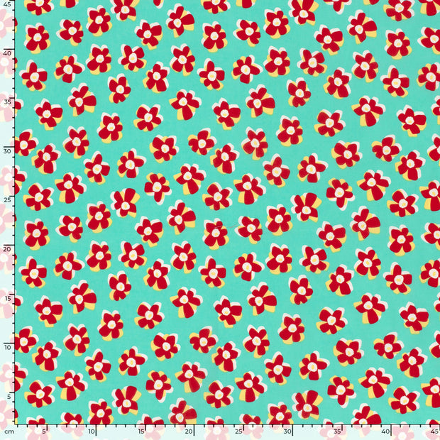 Cotton Satin fabric Flowers Petrol