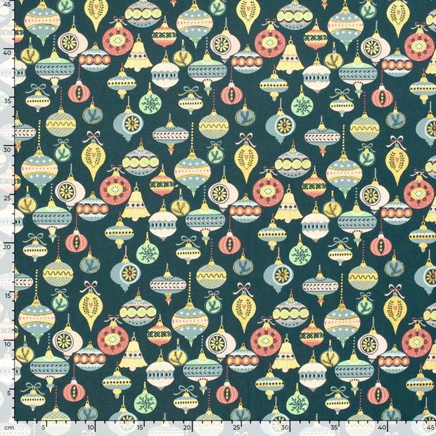 Cotton Poplin fabric Christmas balls Petrol