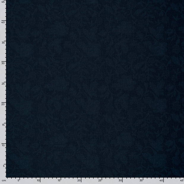 Woven Cotton Linen fabric Leaves Navy