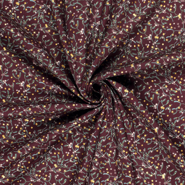 Cotton Poplin fabric Wine red printed and foil 