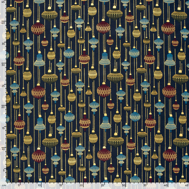 Cotton Poplin fabric Christmas balls Navy
