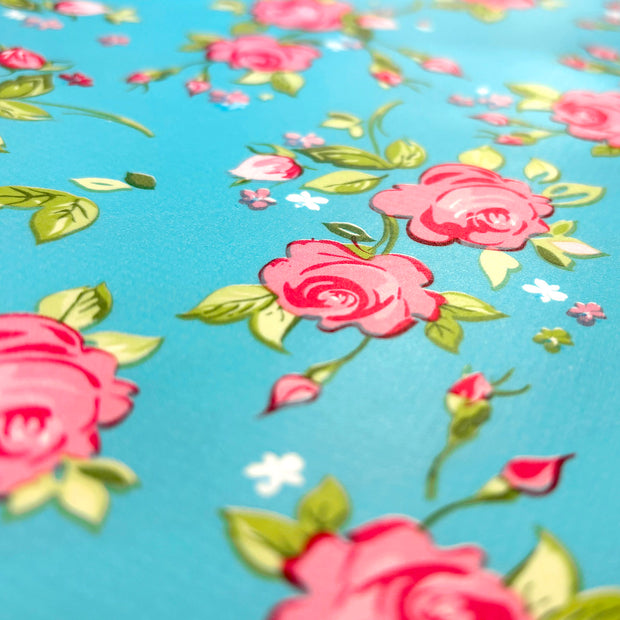 Coated Tablecloth fabric Roses Petrol