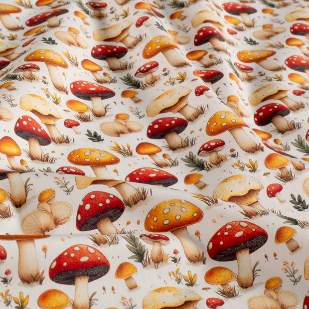 Cotton Poplin fabric Mushrooms White