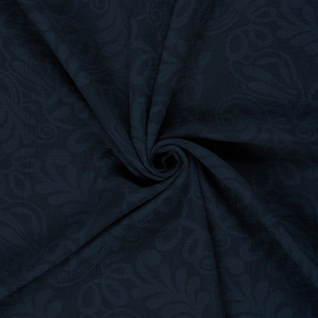 Woven Cotton Linen fabric Navy embroidered 