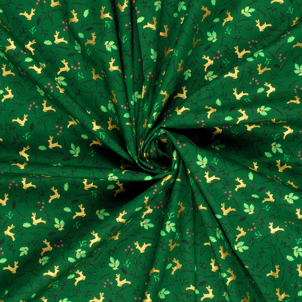 Cotton Poplin fabric Green printed and foil 