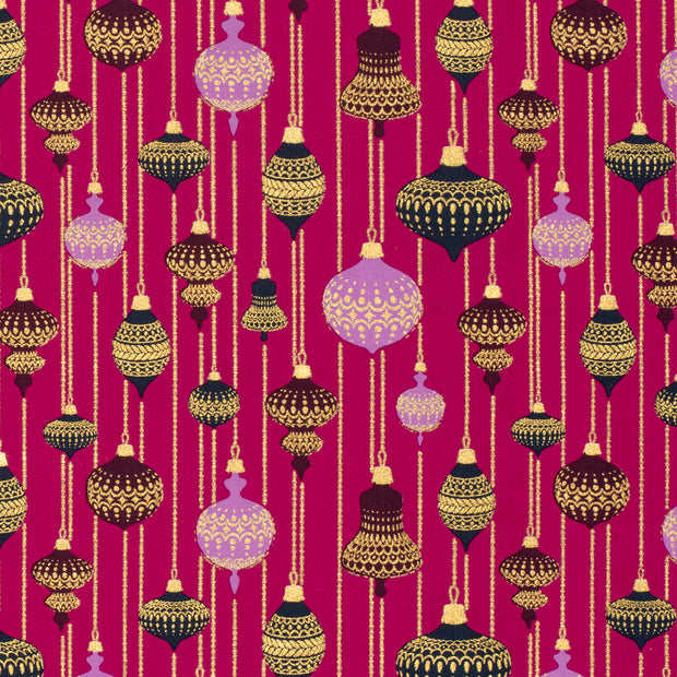 Cotton Poplin fabric Christmas balls Magenta