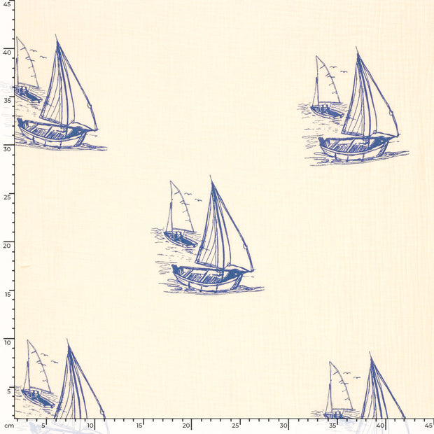 Muslin fabric Sailboats Steel Blue