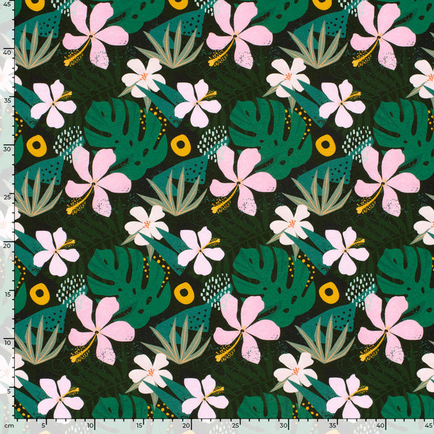 French Terry fabric Flowers Dark Green