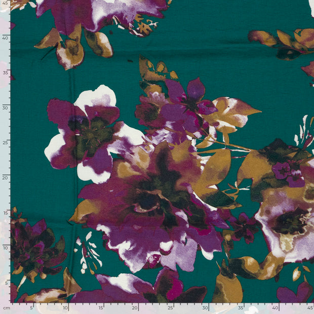 Viscose Nylon Crepe fabric Flowers Petrol