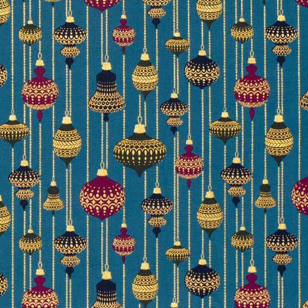 Cotton Poplin fabric Christmas balls Petrol