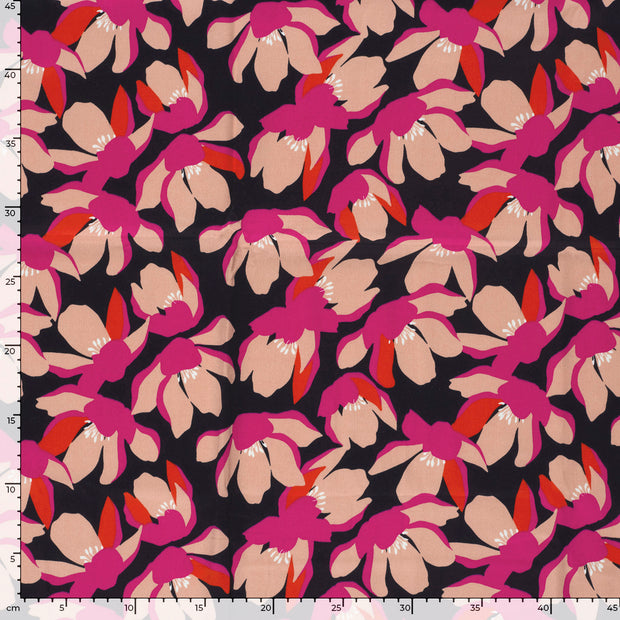 Cotton Satin fabric Flowers Black