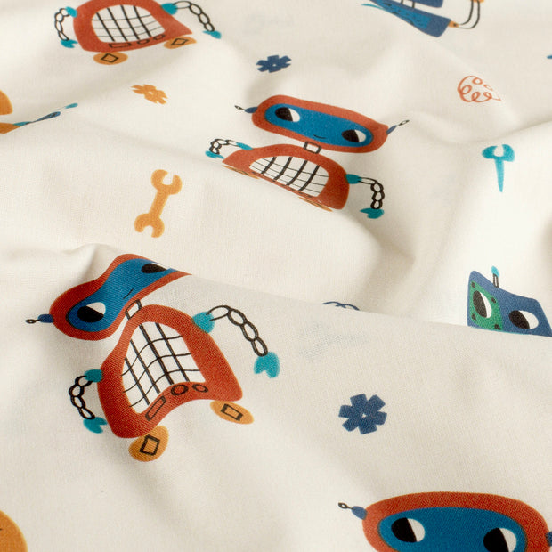 Cotton Poplin fabric Robots Off White
