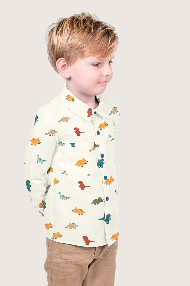 Cotton Poplin fabric Dinosaurs Off White