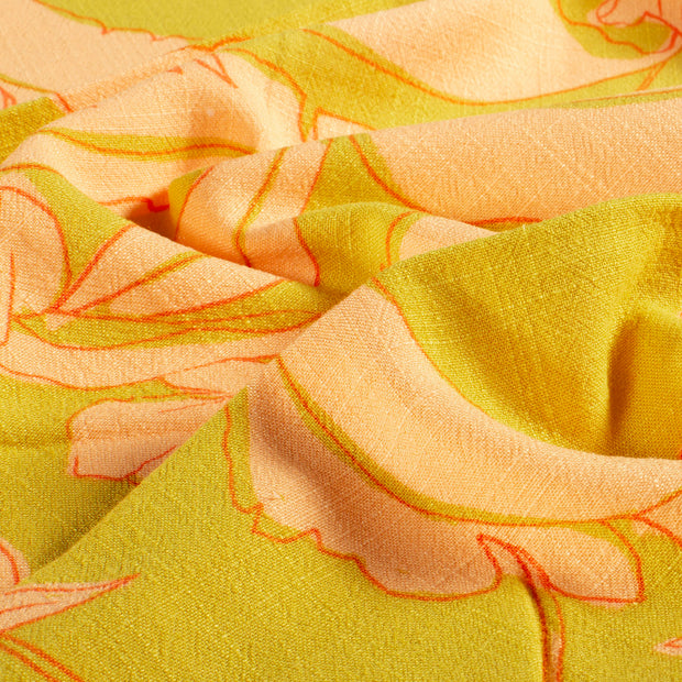 Woven Viscose Linen fabric Flowers Lime Green