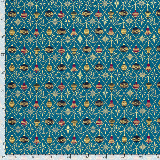 Cotton Poplin fabric Christmas balls Petrol