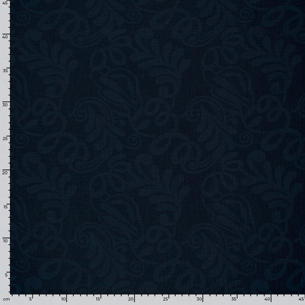 Woven Cotton Linen fabric Leaves Navy