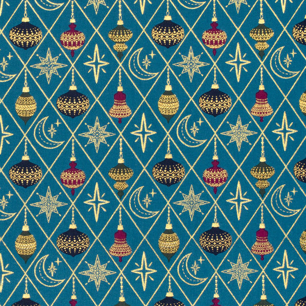 Cotton Poplin fabric Christmas balls Petrol