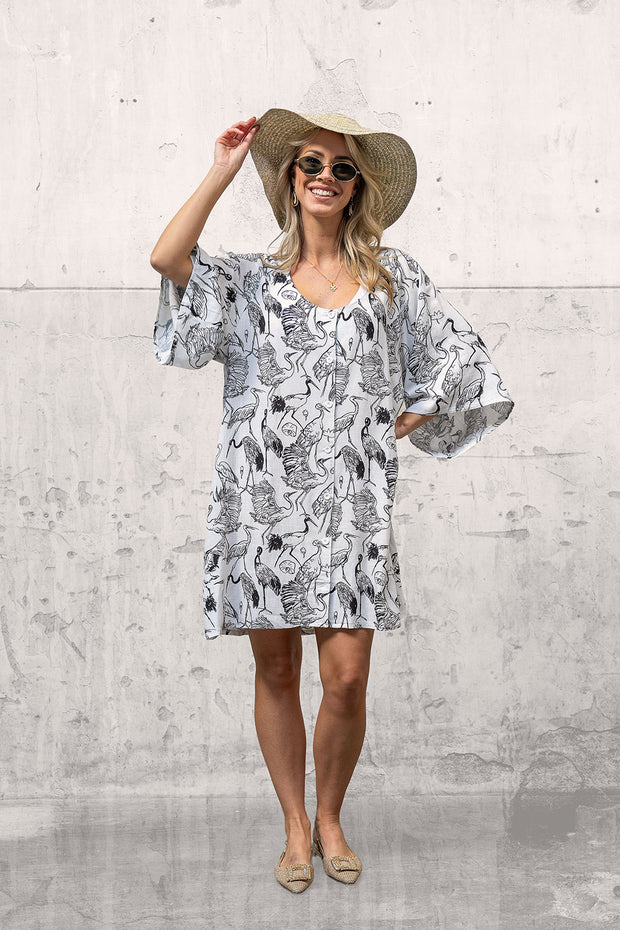Woven Viscose Linen fabric Birds White
