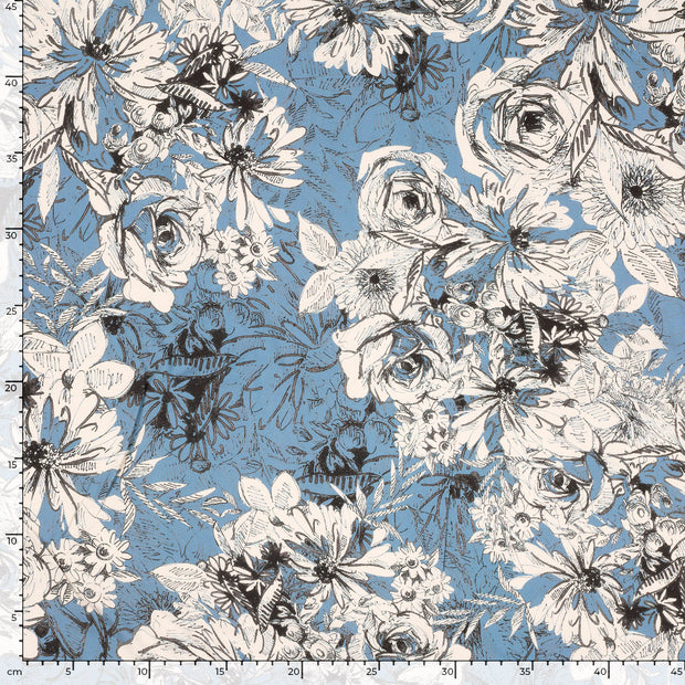 Sergé tissu fleurs Indigo