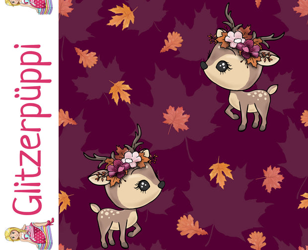 French Terry fabric Deer Wine red
