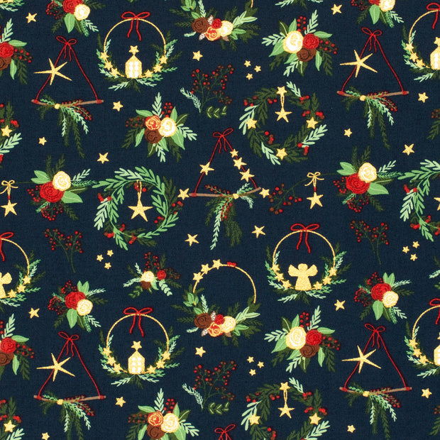 Cotton Poplin fabric Christmas Navy