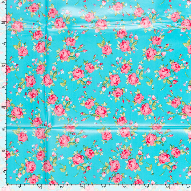 Coated Tablecloth fabric Roses Petrol