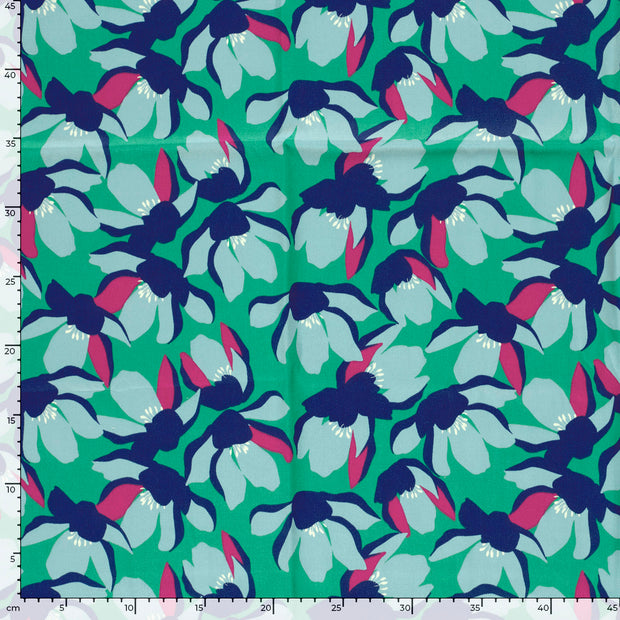 Cotton Satin fabric Flowers Dark Mint
