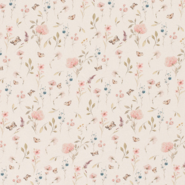 Rib Jersey fabric Flowers Off White
